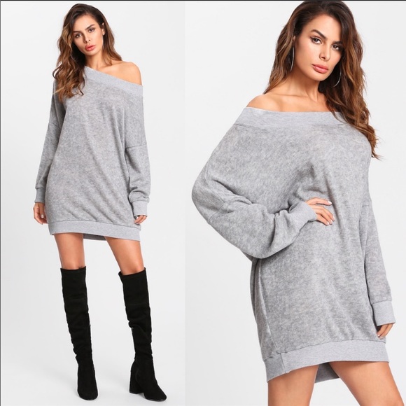 GREY OFF THE SHOULDER TUNIC KNIT SHIRT - Picture 2 of 3